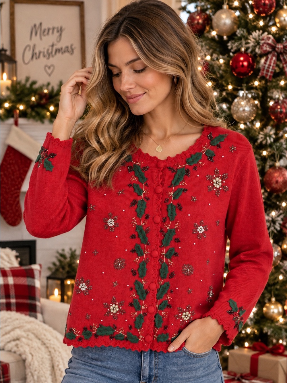 Vintage Red Embellished Holiday Cardigan Sweater
